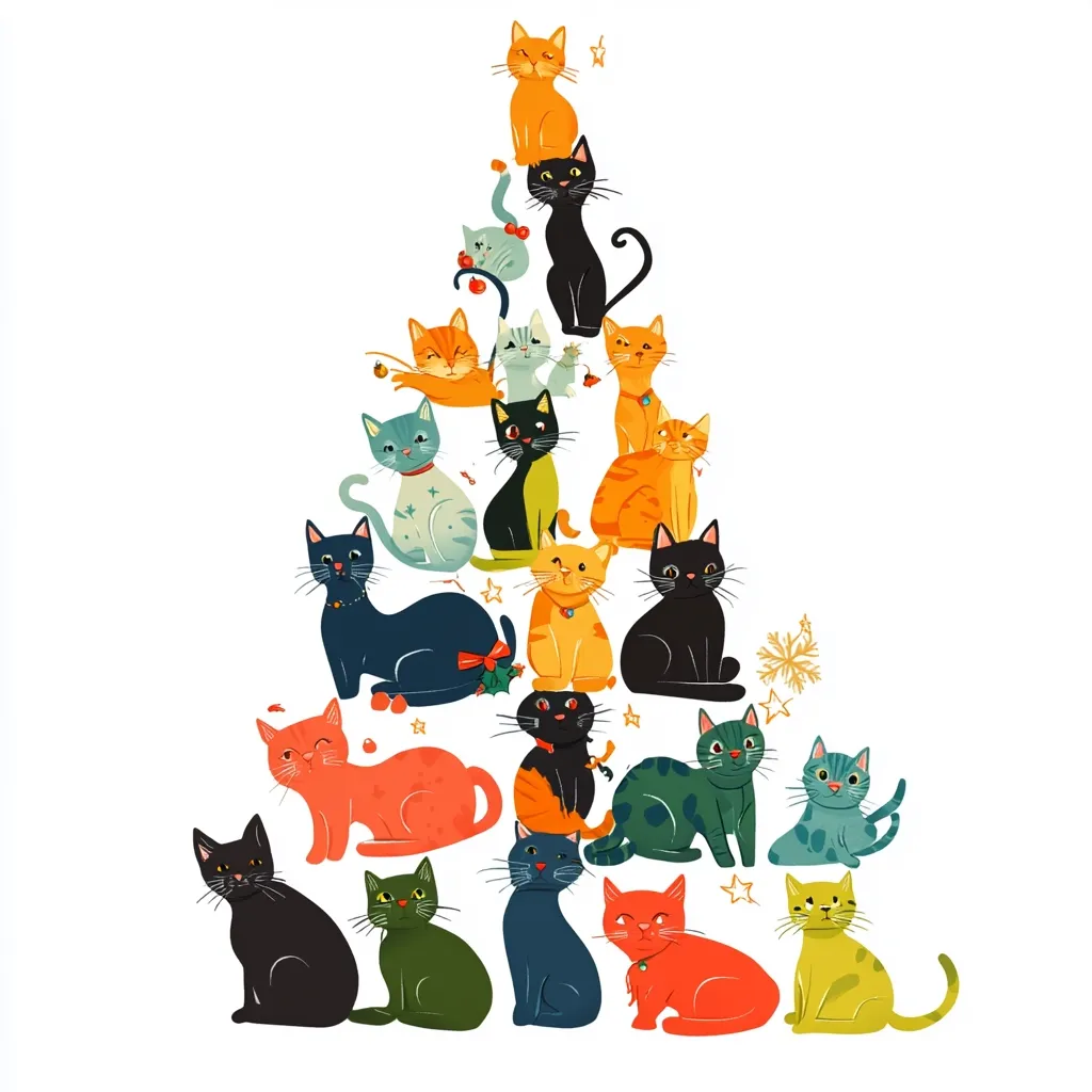 A whimsical illustration depicts a Christmas tree formed by a multitude of colorful cats.  Various breeds and colors are arranged in tiers, creating a festive and playful holiday scene.  The cats are depicted in a cartoonish style with expressive faces, adorned with small decorative elements like stars and bows. The overall style is cheerful and lighthearted, perfect for a holiday card or print.