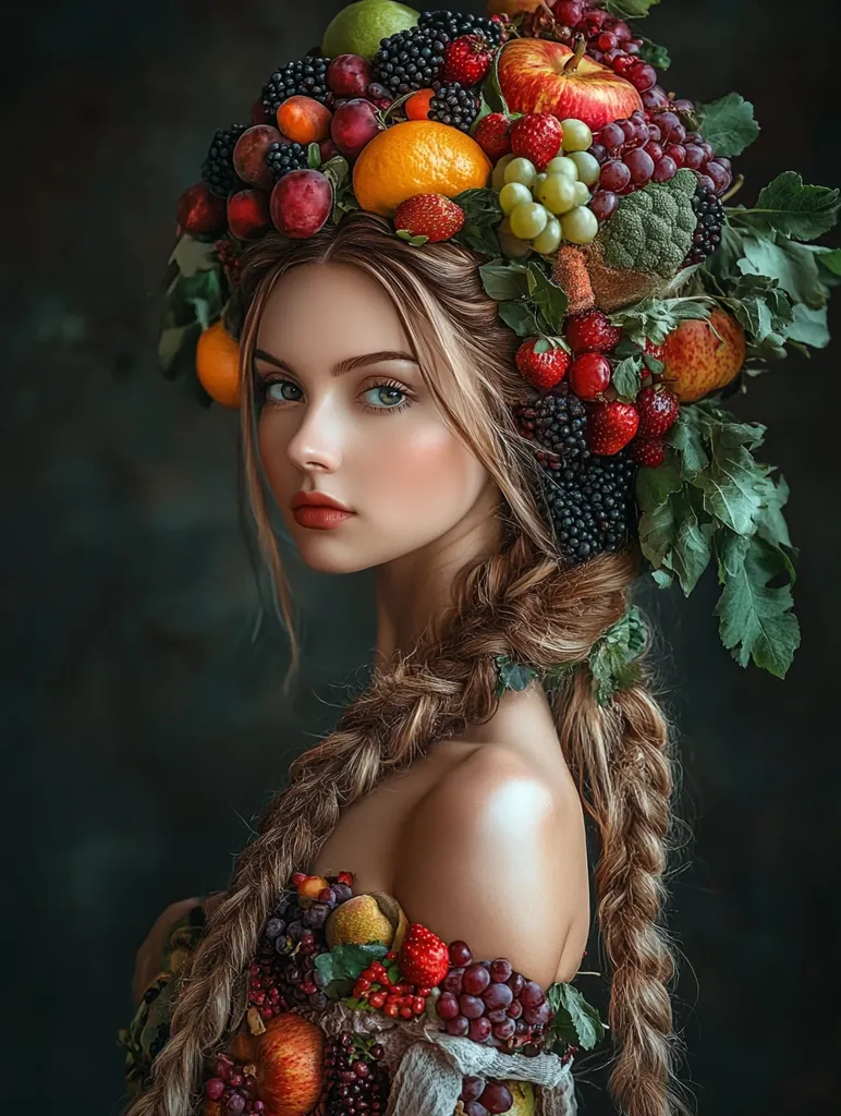 A young woman with long braided hair is adorned with a stunning crown and shoulder piece made entirely of fresh fruits and vegetables.  Bright oranges, red strawberries, plump grapes, blackberries, and a vibrant green broccoli are artfully arranged amongst the leaves. Her delicate features and serene expression create a captivating image, blending natural beauty with artistic creativity. The dark background enhances the vibrant colors of the fruit.