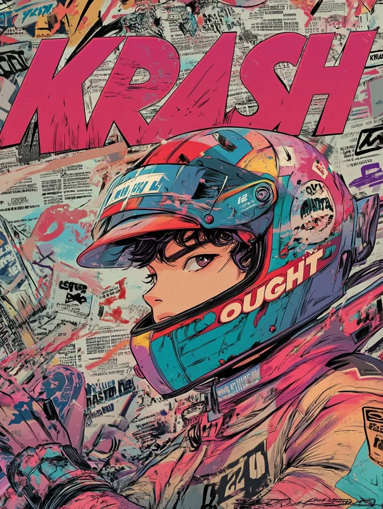 This vibrant artwork features a stylized anime-inspired racer, their face partially obscured by a helmet adorned with graffiti-like markings and the word "OUGHT."  The word "KRASH" is prominently displayed in bold pink lettering against a backdrop of collaged newspaper clippings and assorted text, creating a dynamic, energetic composition. The overall style is a blend of graffiti art, anime, and collage, resulting in a powerful and visually arresting image. The racer's attire is predominantly pink and teal, matching the overall color scheme.