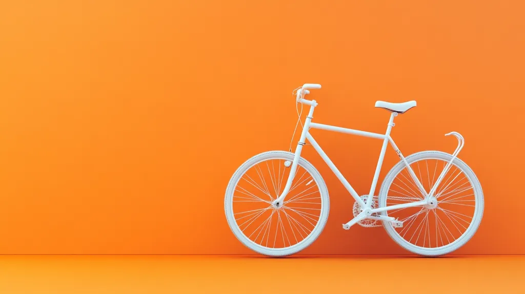 A clean, white bicycle stands against a vibrant orange wall. The bike is a simple design with thin tires and a classic frame. The bright orange background provides a stark contrast to the white bicycle, making it the clear focal point of the image. The scene is minimalist and suggests a feeling of simplicity, freshness, and perhaps even a touch of retro style.  The bicycle appears new or very well-maintained.