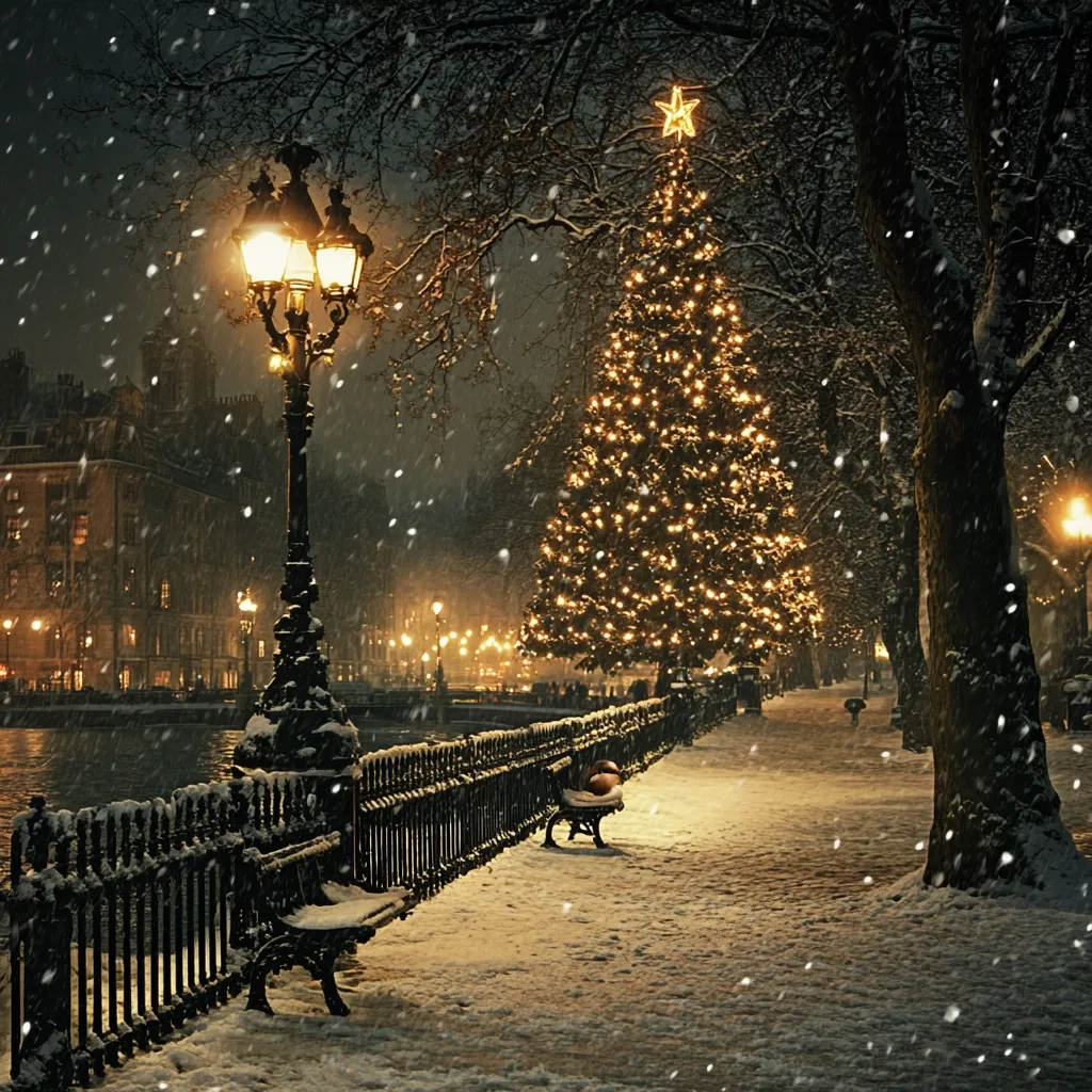 A snow-covered city scene at night features a large, brilliantly lit Christmas tree as its centerpiece.  Snow gently falls, illuminating the twinkling lights on the tree and the warm glow from street lamps lining a snow-dusted walkway.  Ornate black iron fencing borders the path, with empty benches sitting beneath the falling snow.  Buildings in the background reflect the festive ambiance. The overall atmosphere is peaceful and magical.