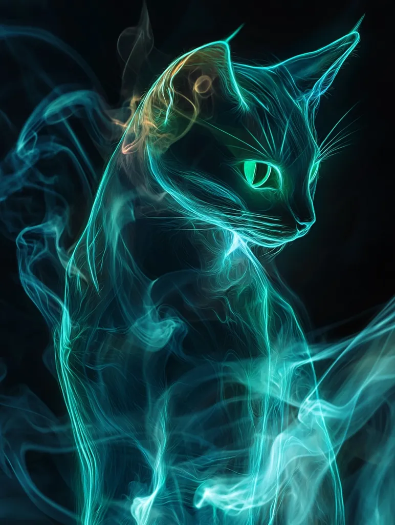 Here's a description of the image:

The image is a stylized depiction of a cat, rendered in swirling, luminous teal and cyan smoke against a black background.  The cat's form is suggested by the flowing lines of the smoke, creating a ethereal, almost spectral effect.  Its eyes glow with an intense green light, providing a focal point amidst the wispy textures. The overall impression is one of mystery and otherworldly beauty, a blend of feline grace and gaseous fluidity.