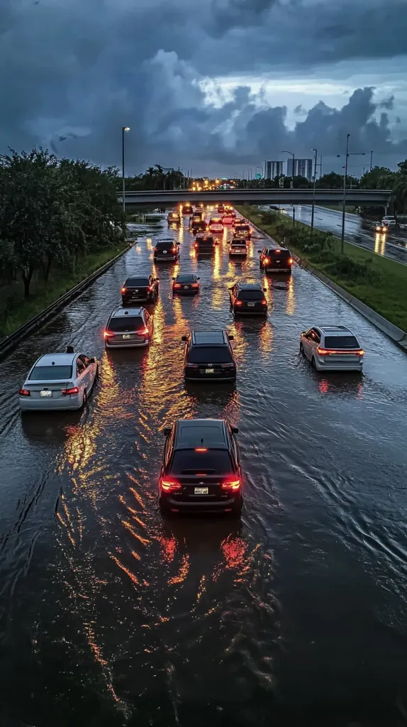 Here's a description of the image:

A multi-lane highway is submerged in floodwater under a dramatic, dark sky. Numerous cars cautiously navigate the rising water, their taillights glowing brightly against the low light. The water reflects the lights, creating shimmering patterns on the dark surface.  Trees line the sides of the road, and distant buildings are visible in the background, suggesting an urban or suburban area.  The scene evokes a sense of both danger and the resilience of drivers facing a severe weather event.