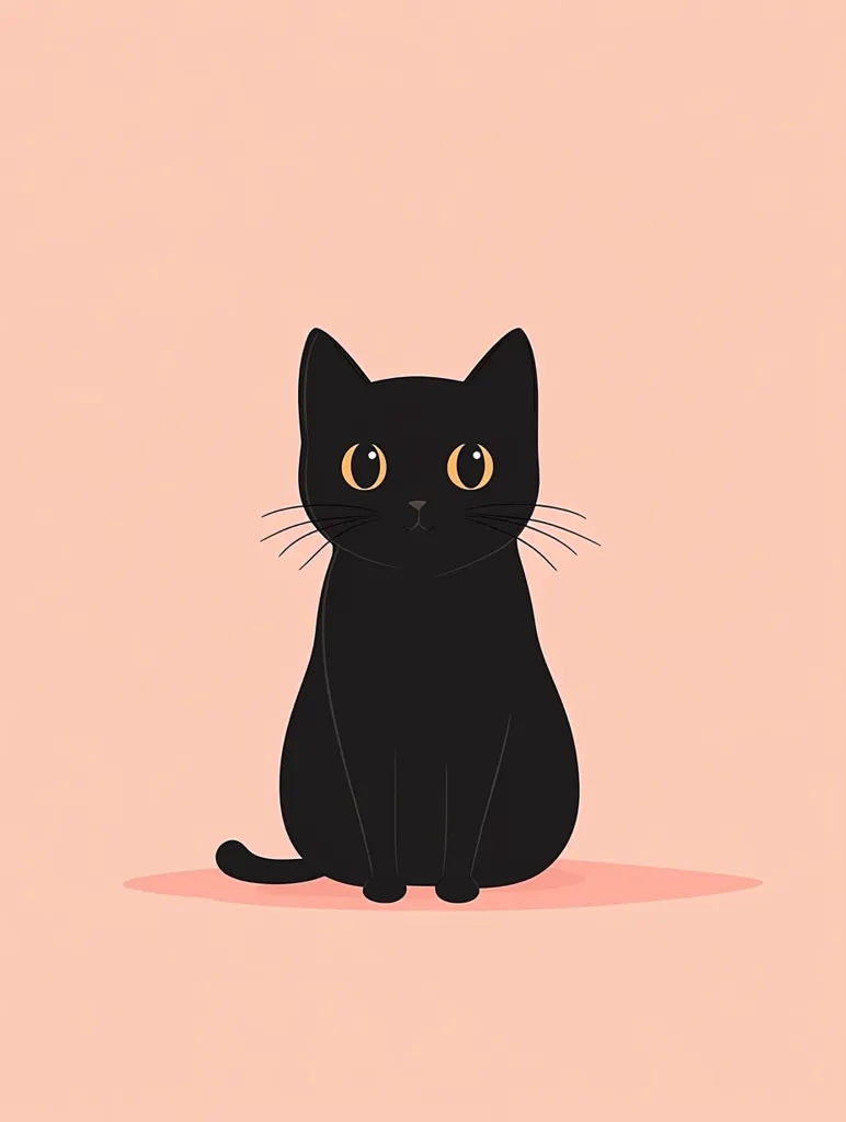 Here's a description of the image:

The image is a minimalist illustration of a black cat sitting against a pale pink background. The cat is depicted in a simple, cartoonish style, with large, round, golden eyes and small, neat whiskers.  It's sitting upright, its body slightly rounded, and its tail is visible behind it. The overall style is cute and understated, with a focus on clean lines and simple shapes. The color contrast between the black cat and the pink background is striking and visually appealing.