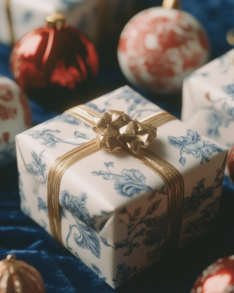 Here's a description of the image:

Close-up view of a beautifully wrapped gift, centered in the frame. The gift is square, wrapped in off-white paper with a delicate blue floral pattern. A gold ribbon is tied in a bow on top.  Blurred in the background are several Christmas ornaments; red and white patterned balls, suggesting a festive setting. The gift rests on a dark blue velvet surface. The overall impression is one of elegance and holiday cheer.
