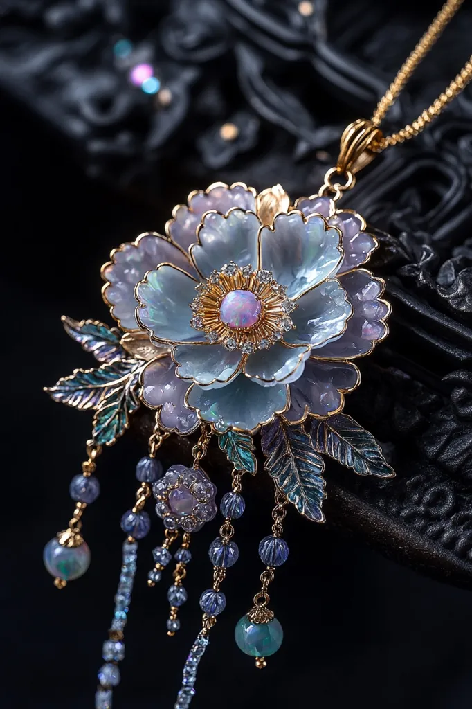 An exquisite pendant necklace, seemingly inspired by floral designs, is the focus.  A large, meticulously crafted flower in pale blues and purples forms the centerpiece, its petals crafted from what appears to be shell or a similar material.  The flower's center is adorned with a pink opal and sparkling diamonds. Delicate, dangling chains with small beads and opal accents hang below, completing the elegant and ornate design. The necklace rests on a dark, textured surface.