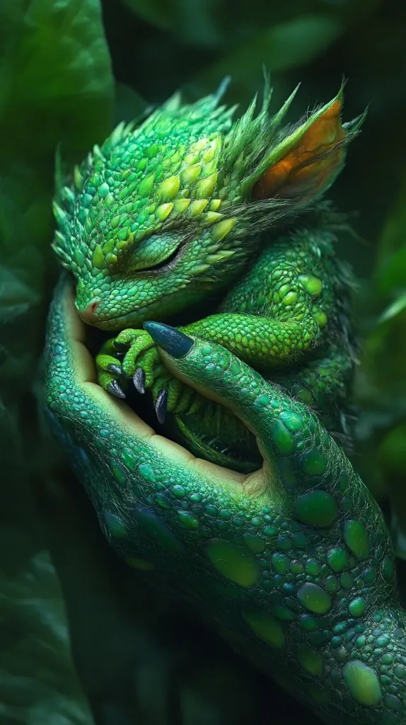 Here's a description of the image:

Close-up view of a fantastical, baby-like dragon nestled in a large, green, reptilian hand. The dragon is predominantly green with textured scales and small, spiky protrusions.  Its eyes are closed, suggesting sleep. The hand holding it displays similar green, textured skin, mimicking the dragon's scales. The background is blurry but shows deep green foliage, creating a lush, natural setting. The overall mood is peaceful and magical, emphasizing the gentle interaction between the dragon and the hand.