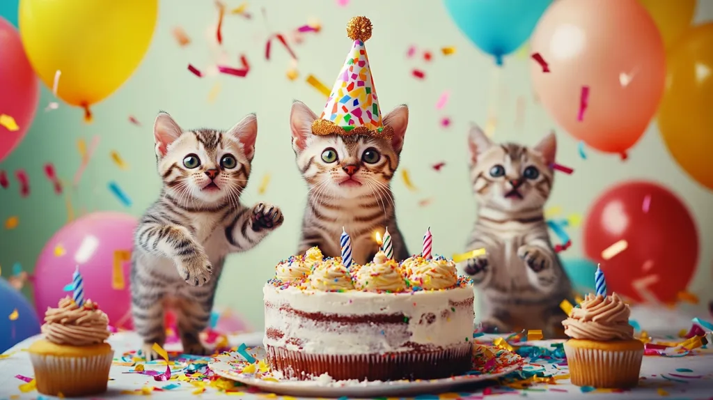 Three adorable kittens surround a birthday cake, amidst colorful balloons and confetti.  One kitten wears a festive party hat.  The scene is bright and cheerful, capturing a playful and joyous birthday celebration.  Small cupcakes flank the main cake, adding to the celebratory atmosphere. The overall feeling is one of lighthearted fun and cuteness.