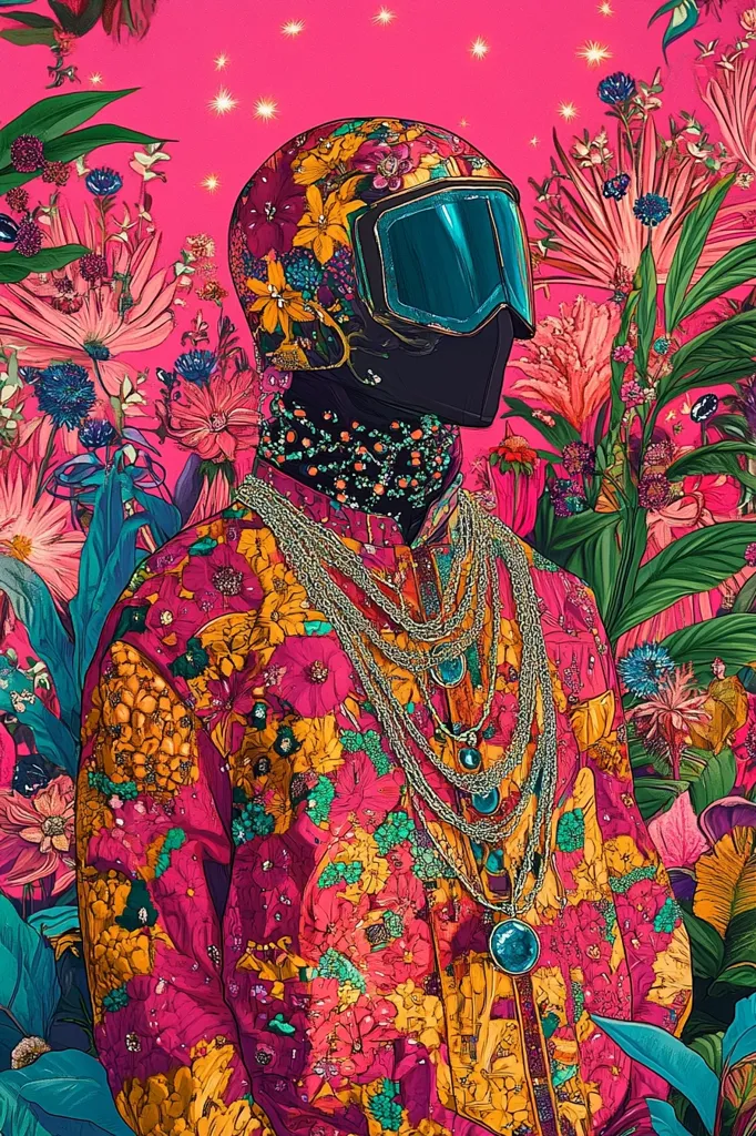 A vibrant digital artwork depicts a figure adorned in a floral, pink and gold patterned jacket, layered with ornate necklaces and turquoise pendants. The figure wears a helmet-like mask decorated with similar floral designs, and teal ski goggles.  The background is a bold pink, filled with lush, tropical foliage and flowers in a range of colors, creating a surreal and richly textured composition.  The overall style is bold, highly detailed, and suggestive of both luxury and nature.