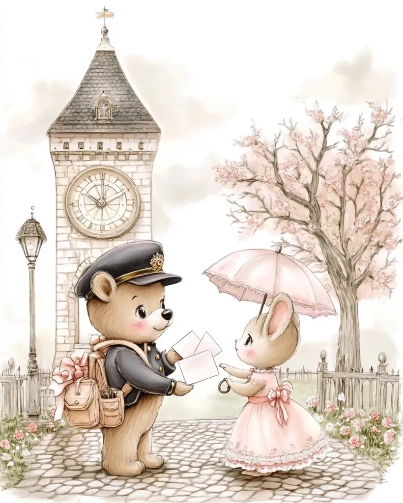 A charming illustration depicts a teddy bear postman, in uniform and carrying a satchel, delivering letters to a sweet mouse under a pink parasol.  The scene unfolds in front of a quaint clock tower,  beside a blossoming cherry tree, in a cobbled street setting.  The overall style is soft, whimsical, and romantic, with pastel colors and delicate details. The image evokes feelings of tenderness and a gentle story.