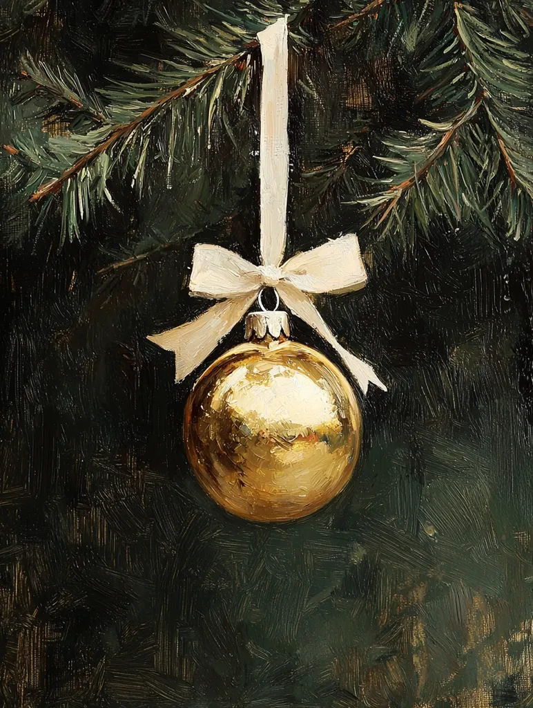 Here is a description of the image:

The painting depicts a single, golden Christmas ornament hanging from a pine branch.  The ornament is round and reflective, catching the light.  It's adorned with a simple, off-white ribbon tied in a bow. The pine branch is dark green, rendered with visible brushstrokes, giving a textured, almost painterly feel to the background.  The overall style is realistic but with an emphasis on the artist's technique, showcasing the texture of both the ornament and the branch. The dark background creates a contrast that centers attention on the golden sphere. The mood is serene and contemplative, suggestive of a quiet Christmas moment.
