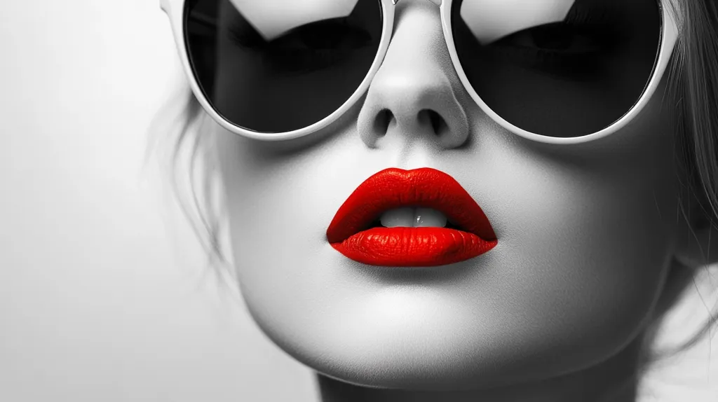 Here's a description of the image:

Close-up, black and white image of a woman's face, punctuated by vibrant red lips.  She wears large, white-framed sunglasses, obscuring her eyes. The contrast between the monochrome background and the bold red lips creates a striking visual effect, emphasizing the lips as the focal point.  The image is stylish and possibly suggestive of fashion or beauty advertising. The woman's skin appears smooth and flawless.