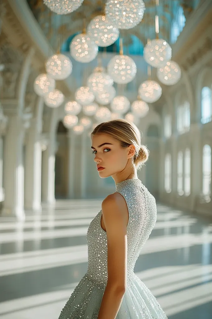 A young woman with blonde hair styled in a bun, wears a sleeveless, light-blue, beaded gown. She stands in a grand, light-filled hall with numerous sparkling chandeliers hanging from the high ceiling. The architectural details of the hall are subtly visible, creating a luxurious and elegant backdrop for the woman in her dress.  She turns her head slightly, gazing over her shoulder. The overall image is one of sophisticated beauty and grace.