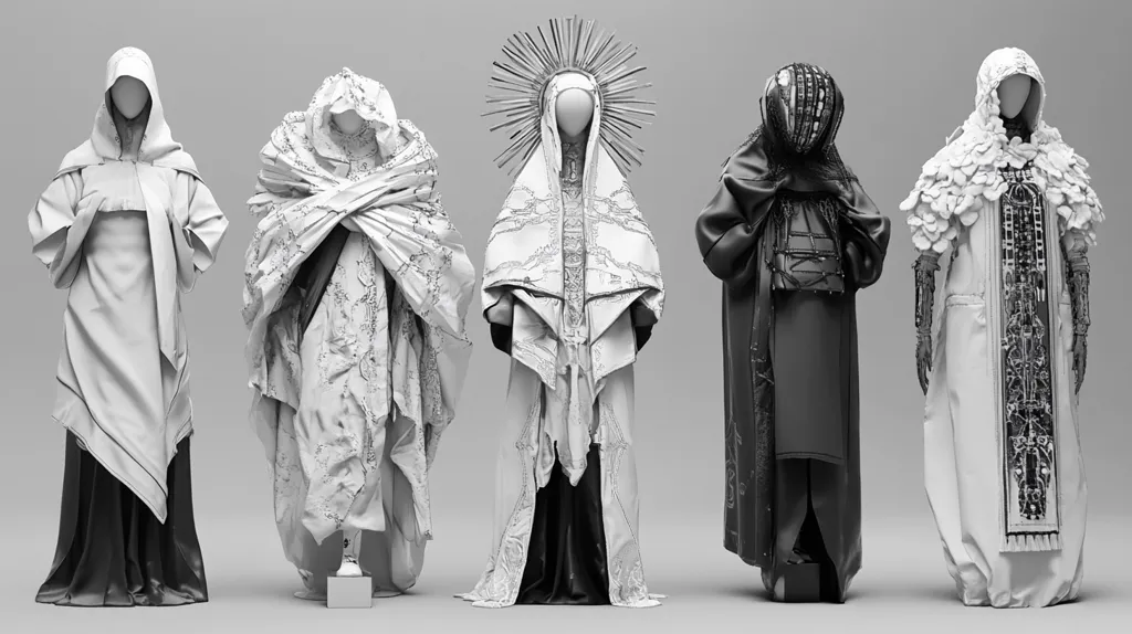 Five mannequin figures, draped in distinct, flowing robes, stand against a neutral gray backdrop.  The robes, seemingly crafted from a light, textured material, showcase varied styles and detailing.  One features a halo-like headpiece, another incorporates ornate patterns, while others display more minimalist designs. The grayscale palette enhances the textural contrasts and emphasizes the sculptural quality of the garments. The overall impression is one of high fashion or artistic costume design.