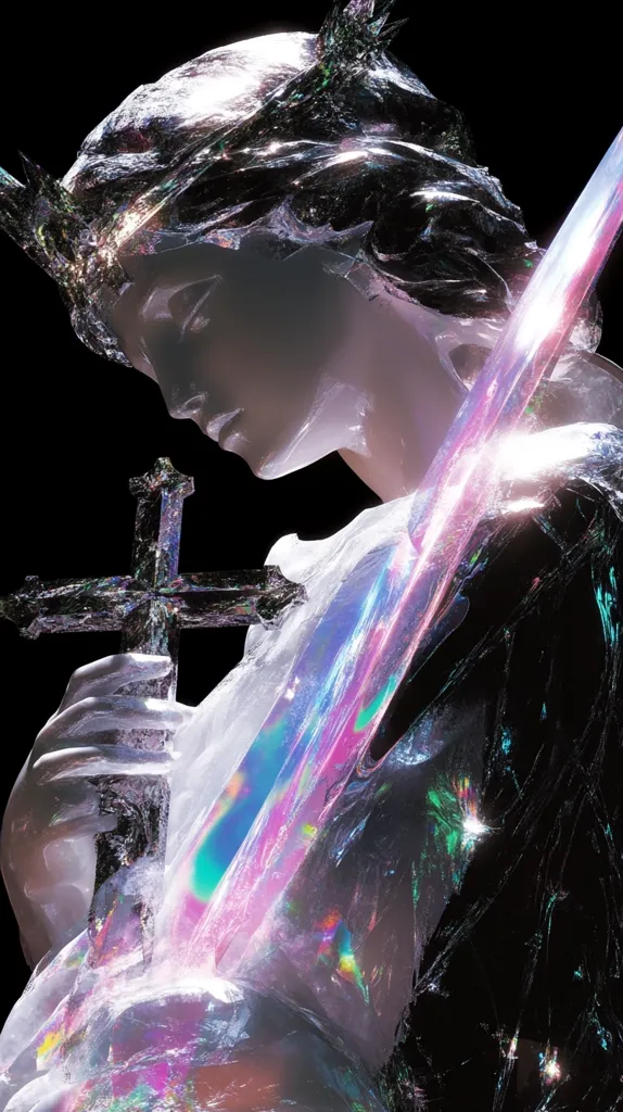 The image depicts a stylized statue, possibly an angel or saint, rendered in a crystalline or glass-like material.  The figure is crowned and holds a cross and a sword, elements suggesting religious or spiritual themes.  The statue's surface reflects iridescent light, giving it a surreal and otherworldly quality. The dark background accentuates the glowing, translucent nature of the figure and its sharp, fractured edges.  The overall aesthetic blends religious iconography with a futuristic, almost digital, artistic style.