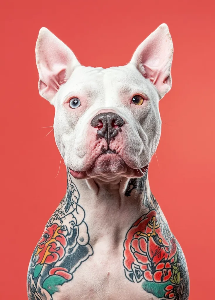 Here's a description of the image:

Close-up view of a white American Pit Bull Terrier with heterochromia iridum (different colored eyes – one blue, one brown). The dog is prominently featured against a solid coral-red background.  Most striking is the dog's chest and neck which are adorned with colorful, traditional-style tattoos depicting flowers and Japanese-inspired wave patterns. The dog's expression is calm and direct, engaging the viewer. The image is sharply focused and well-lit, creating a striking contrast between the dog's white fur and the vibrant tattoos.