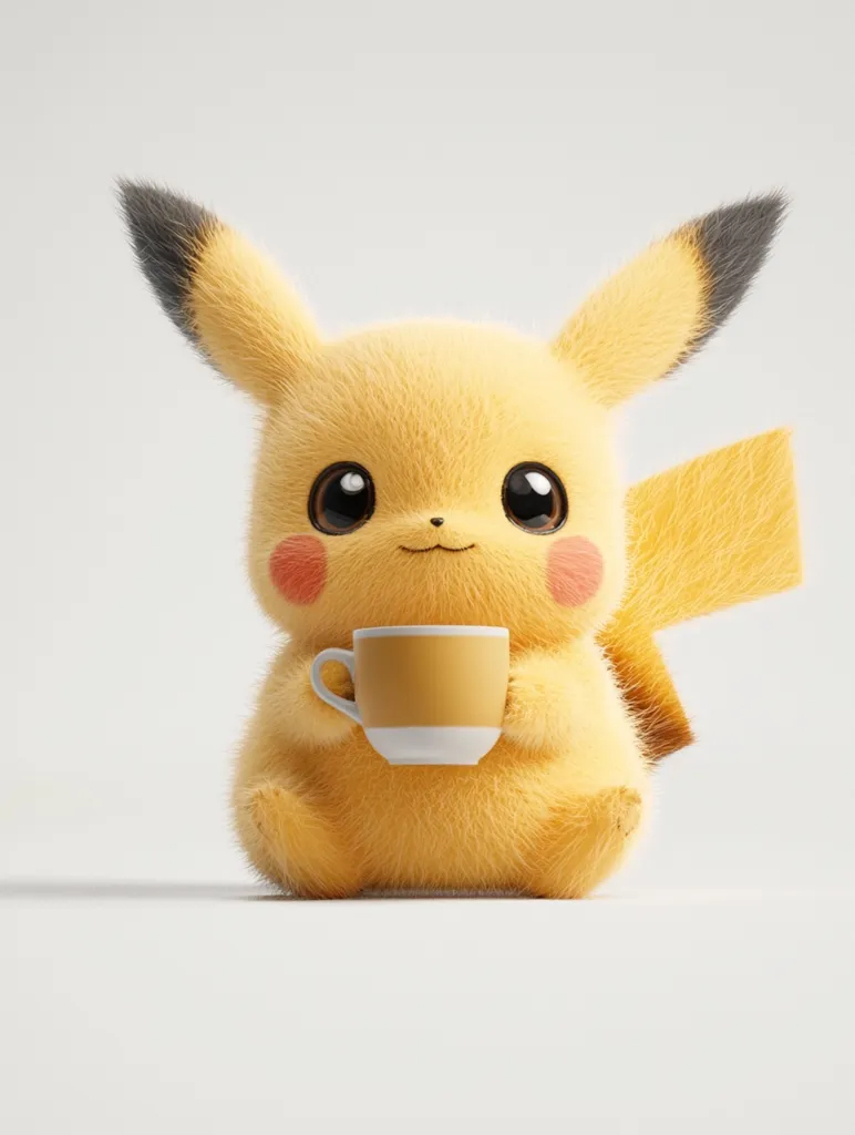 Here's a description of the image:

A fluffy, adorable Pikachu sits on a plain white background, holding a small, light-yellow teacup in its paws.  Its fur is a soft, bright yellow, and its ears have dark tips.  The Pikachu's expression is sweet and innocent, with large, dark eyes and rosy cheeks.  The overall style is cute and cartoonish, suggesting a 3D-rendered image or a plush toy. The focus is entirely on the Pikachu, creating a simple yet charming composition.