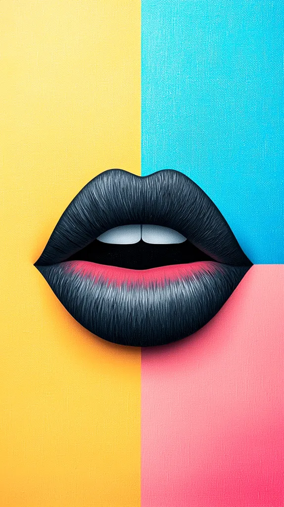 Here's a description of the image:

The image is a close-up illustration of a pair of lips, rendered in dark gray with a hint of pinkish-red at the inner lip line.  The lips are centrally positioned against a vibrant, geometric backdrop. This background is composed of four color blocks: yellow, turquoise, pink, and yellow. The style is reminiscent of pop art, with bold colors and a graphic, stylized representation. The contrast between the dark lips and the bright background makes the lips the focal point of the image.