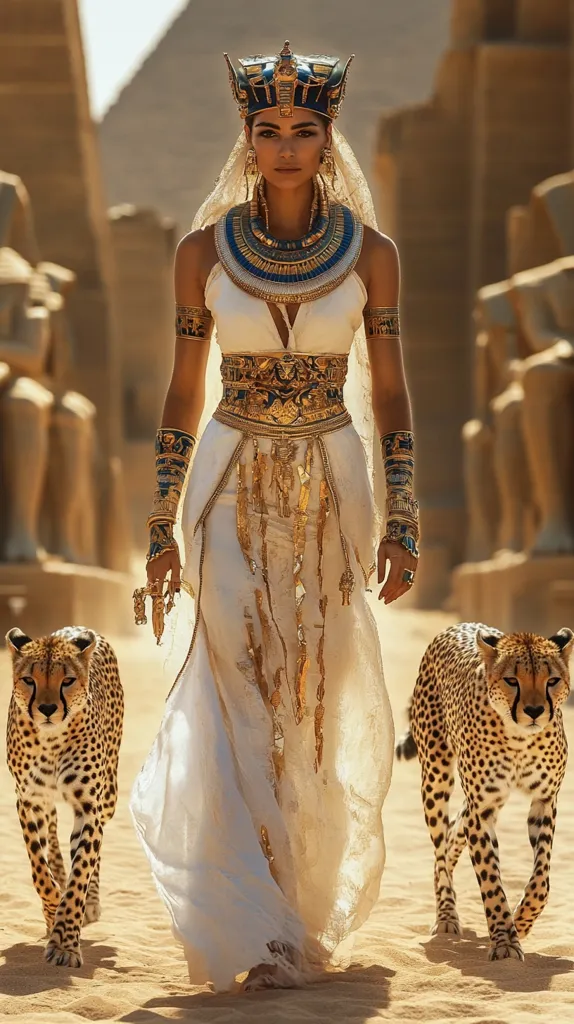 A regal woman, adorned in a flowing white gown and elaborate gold and blue Egyptian-inspired jewelry, including a majestic crown, walks confidently between two cheetahs.  The backdrop is a sun-drenched desert landscape featuring ancient, colossal structures reminiscent of pyramids and statues, creating a powerful and evocative scene.  Her attire suggests a queen or powerful figure from antiquity. The image blends elements of fantasy and historical aesthetics.