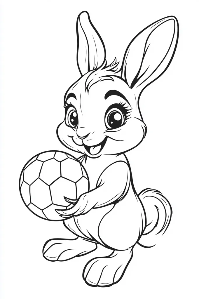 Here's a description of the image:

The illustration is a black and white line drawing of a cartoon rabbit. The rabbit is depicted in a playful pose, holding a soccer ball in its paws. It has large, expressive eyes and a cheerful expression. The style is reminiscent of children's book illustrations, with clean lines and a focus on cuteness.  The rabbit's long ears are upright, and its fluffy tail is visible behind it. The drawing is suitable for coloring.