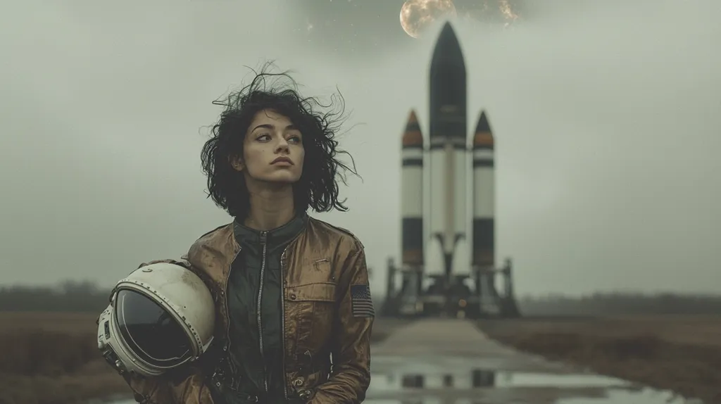 A young woman with windswept dark hair, wearing a brown leather jacket and holding an astronaut helmet, stands pensively before a large rocket on a launchpad. The sky is overcast and muted, creating a somber atmosphere.  A large, reddish moon hangs in the distance, adding to the dramatic, almost melancholic, mood of the scene. The overall impression is one of contemplation and anticipation, hinting at a journey or departure.