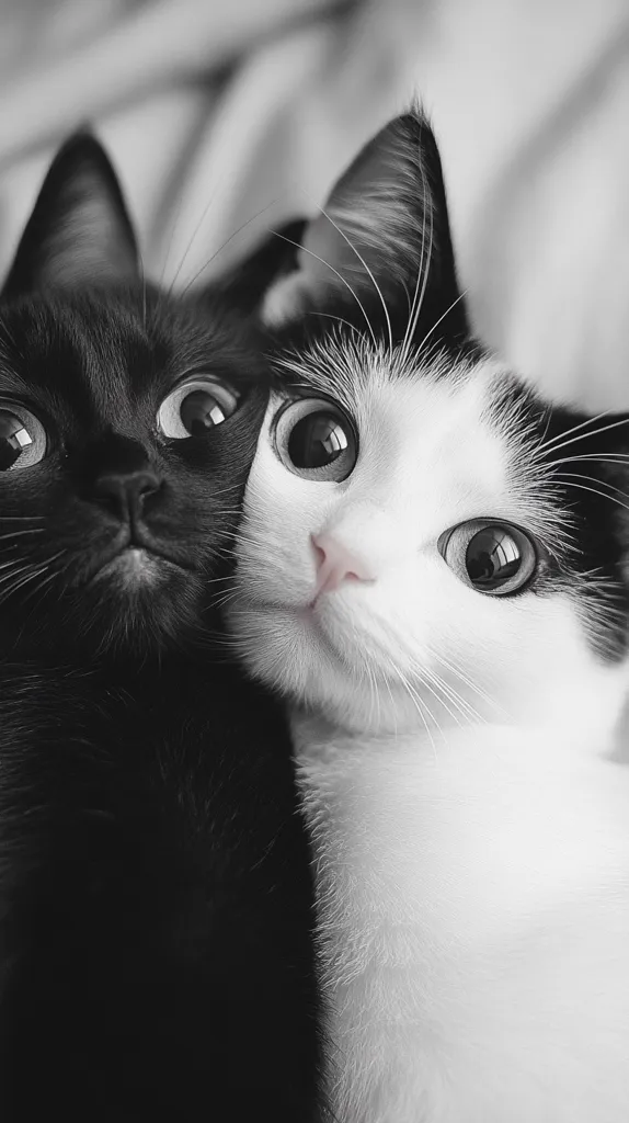 Here's a description of the image:

Close-up black and white photograph of two cats nestled together. One cat is entirely black with large, expressive eyes, while the other is predominantly white with black markings on its head and ears, also possessing striking, wide eyes. The contrast between their fur colors is stark and visually appealing. The cats appear to be young and are captured in a tender moment of closeness. The background is blurred and out of focus, drawing attention to the cats’ faces. The image's monochrome palette emphasizes texture and light.