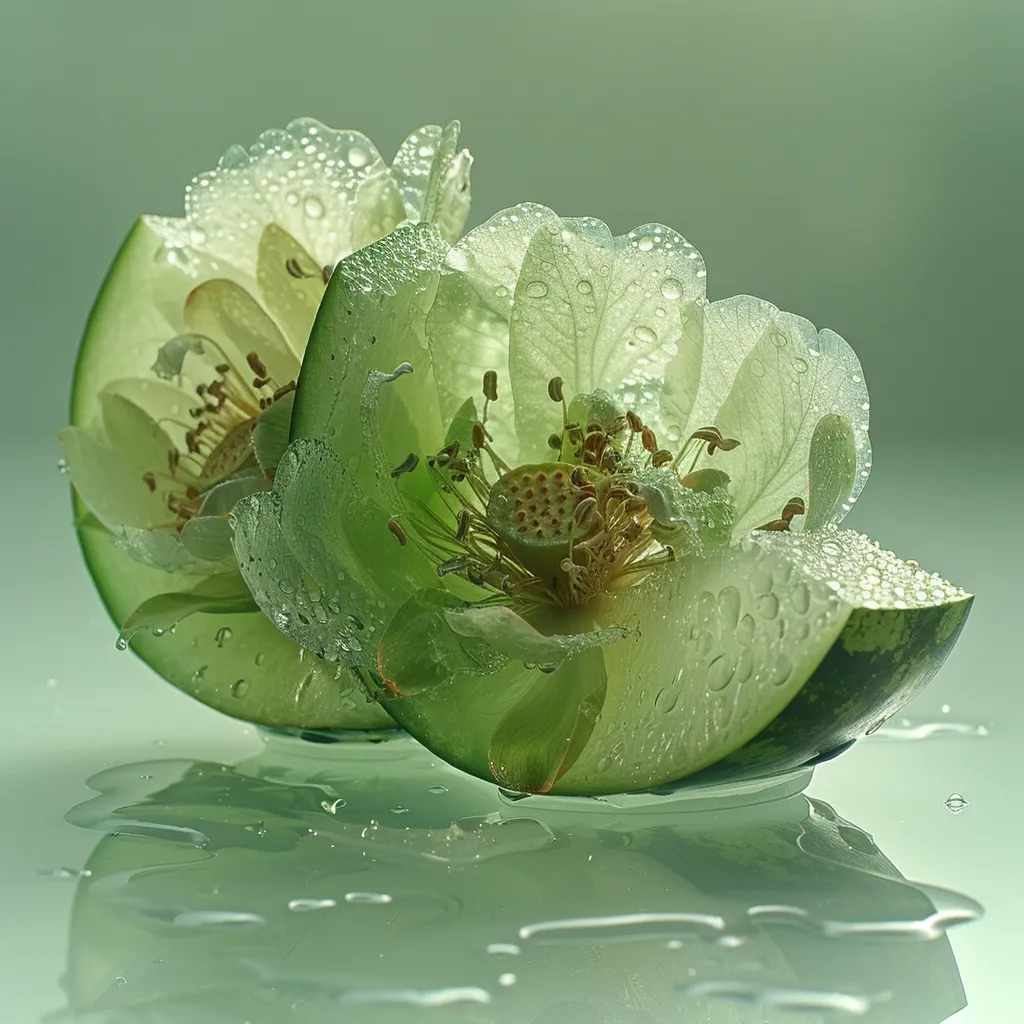 Here's a description of the image:

Two delicate, translucent lotus blossoms, seemingly carved from a light green fruit or vegetable, rest on a reflective surface.  Water droplets cling to their petals, enhancing their ethereal quality. The blossoms' intricate inner structures are clearly visible, revealing the subtle details of their stamens and pistils.  The overall palette is serene and monochromatic, with various shades of green dominating the scene.  The soft lighting and shallow depth of field create a tranquil and almost surreal atmosphere. The image evokes a sense of fragility and natural beauty.