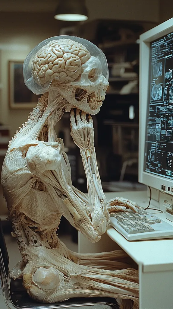 Here's a description of the image:

The photograph shows a detailed anatomical model of a human figure, seemingly skeletal but with visible musculature, seated at a computer.  The model's head is encased in a clear dome revealing a meticulously rendered brain.  It sits in a chair, its hand resting on its chin in a contemplative pose, while the other hand types on a vintage-style keyboard.  The computer monitor displays complex, technical data. The background is blurred but suggests an office or laboratory setting. The overall effect is eerie and unsettling, juxtaposing the anatomical model with commonplace technology.