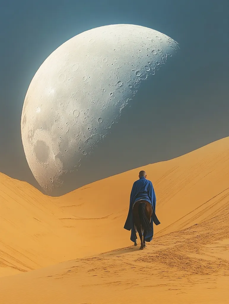 A lone figure, cloaked in blue, rides a dark horse across a vast, undulating desert landscape.  The sand dunes stretch towards a colossal, cratered moon dominating the sky. The moon's size is exaggerated, creating a surreal and otherworldly atmosphere. The scene is serene and evocative, suggesting a journey, solitude, and the immensity of the natural world under an alien sky. The color palette is warm, with the golden sand contrasting against the cool blue of the cloak and the pale moon.