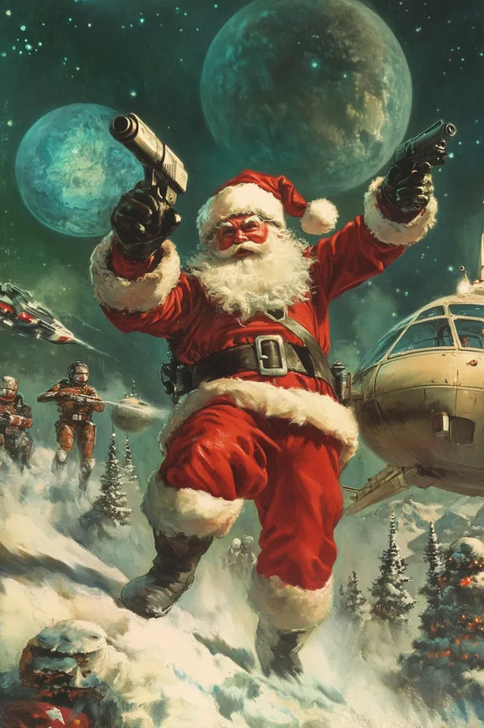 Here's a description of the image:

The illustration depicts a futuristic, action-packed Santa Claus.  He's sprinting through a snowy, alien landscape, twin pistols drawn, under a sky filled with large planets.  Soldiers in futuristic armor follow behind him. A spacecraft hovers nearby.  Santa's traditional red suit is complemented by a tactical belt and boots, conveying a blend of holiday cheer and fierce determination.  The scene combines Christmas imagery with science fiction elements, creating a striking visual contrast.