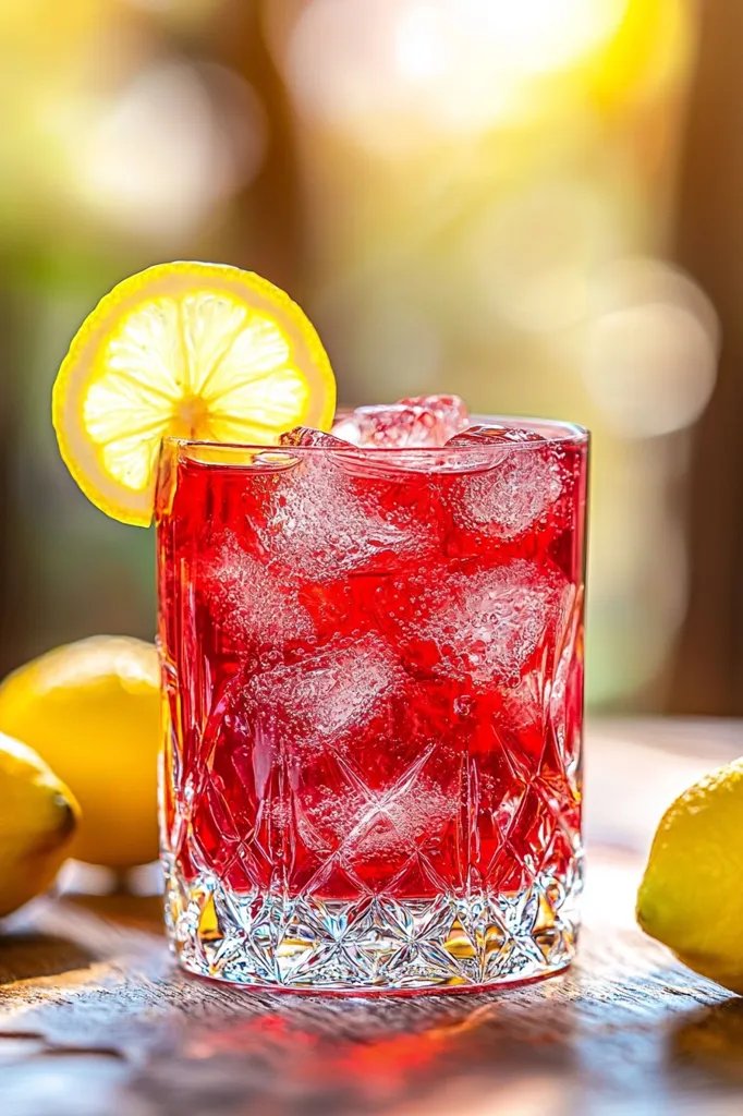 A refreshing crimson-colored drink, possibly a cocktail or iced tea, is showcased in a crystal glass.  Ice cubes are visible within the vibrant red liquid. A lemon wedge garnishes the drink, adding a citrusy touch.  Additional lemons are softly blurred in the background, suggesting a sunny, outdoor setting. The overall image evokes a feeling of summer refreshment.