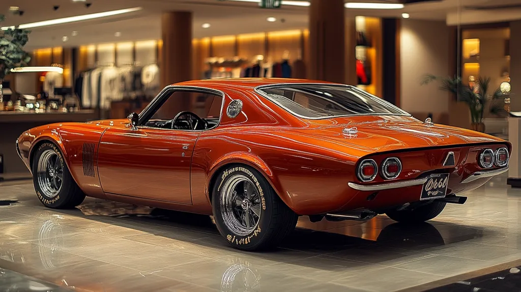 Here's a description of the image:

The photograph showcases a classic, burnt-orange muscle car, possibly a customized version of a 1960s model, gleaming on a polished floor.  The car's lines are sleek and low-slung, highlighted by a high-gloss finish.  The rear view emphasizes the car's broad stance and unique taillights.  The setting appears to be a high-end showroom or boutique, with blurred backgrounds suggesting upscale clothing or furnishings.  The overall impression is one of luxury, vintage appeal, and classic automotive design.