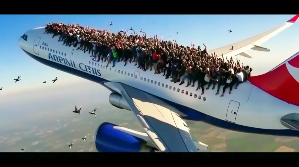 Here's a description of the image:

A large number of people are precariously perched on the top of an airplane's fuselage and wings during flight.  They are packed tightly together, many with their arms raised. The plane, a twin-engine jet with the words "AirPIML CItis" visible, is in mid-air against a clear blue sky. Several small aircraft or possibly birds are also visible in the distance. The scene is highly unusual and potentially dangerous.