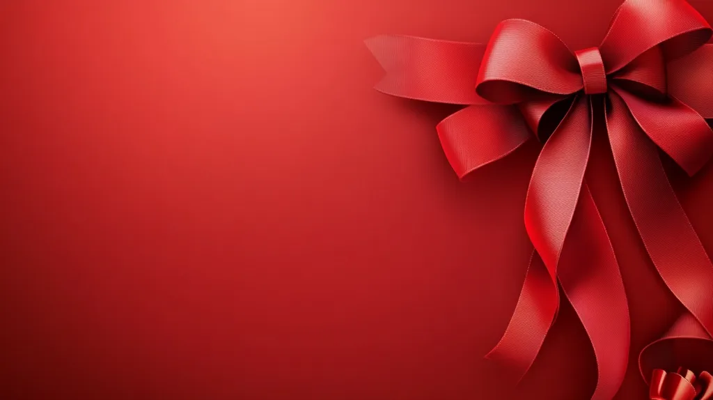 Here is a description of the image:

The image shows a large, perfectly tied red ribbon bow against a solid red background. The bow is positioned in the upper right corner, with its tails flowing down and slightly to the left.  The ribbon has a rich, glossy sheen, suggesting a luxurious material. The background is a slightly darker shade of red than the bow, creating a subtle contrast. The overall effect is elegant and suggestive of celebration or gifting.