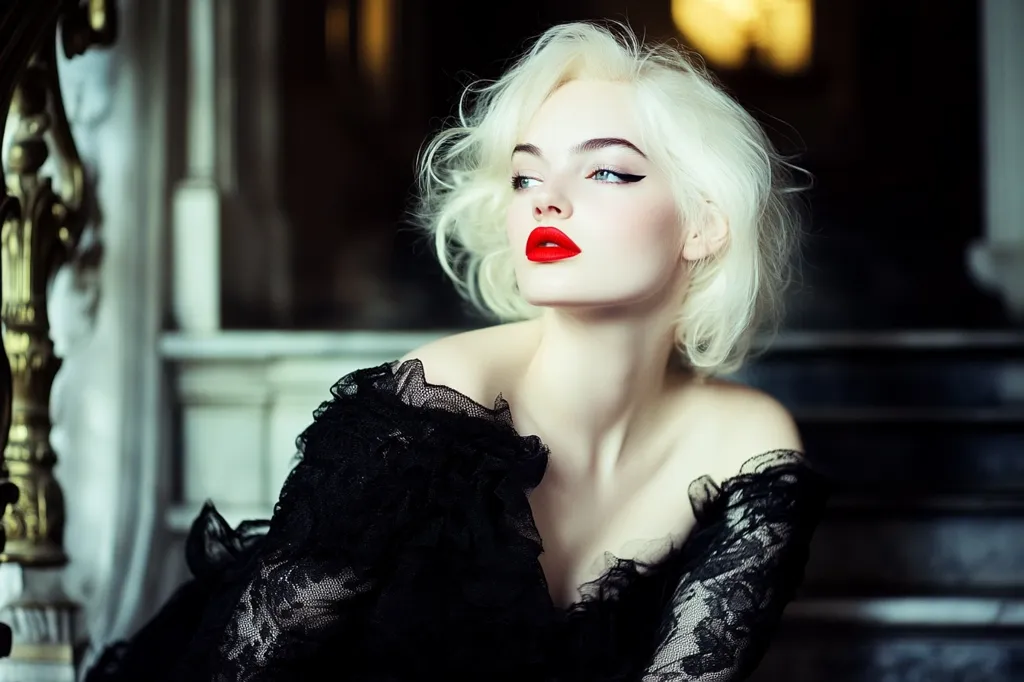 A portrait of a glamorous woman with platinum blonde hair styled in soft waves.  She wears a black, off-the-shoulder lace dress and bold red lipstick. Her makeup is classic and striking, accentuating her pale skin and blue eyes. The background is dark and moody, with hints of ornate architecture, creating a dramatic contrast to her bright features. The overall mood is elegant and slightly mysterious.