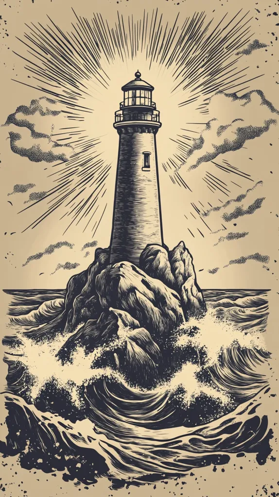 A striking woodcut-style illustration depicts a lighthouse standing tall on a rocky outcrop amidst a turbulent sea.  Waves crash around the base, their forceful movement contrasted by the lighthouse's steadfastness.  Sun rays burst from behind, emphasizing the beacon's radiant light.  The overall style is vintage, suggesting a classic maritime theme.  The color palette is muted, with a sepia tone prevalent throughout.