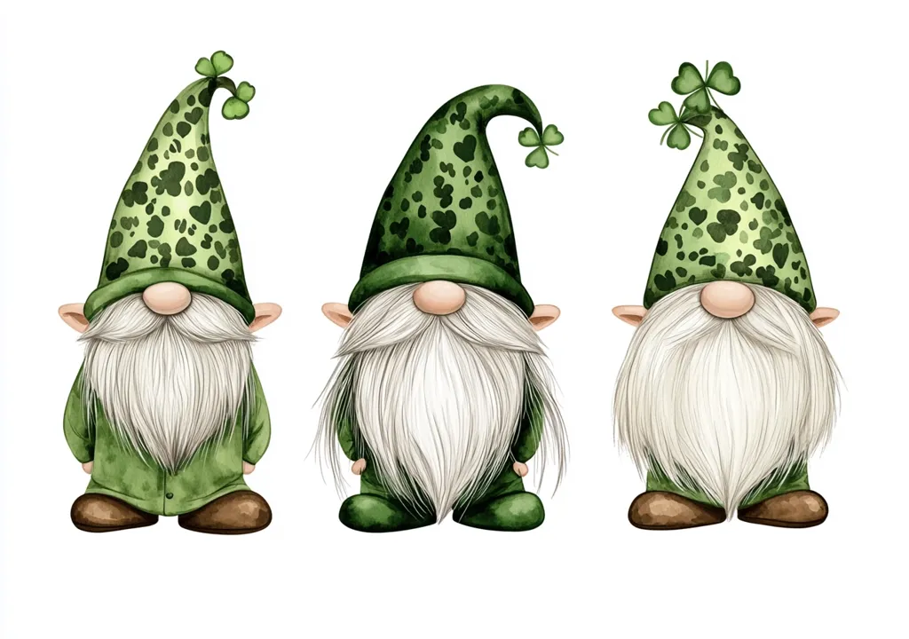 Three charming gnomes, rendered in watercolor, stand in a row against a white background. Each gnome wears a green hat adorned with shamrocks, a green outfit, and possesses a long, flowing white beard.  Their hats are decorated with a shamrock pattern, adding to their St. Patrick's Day theme.  The gnomes are identically styled, creating a symmetrical and visually pleasing image.