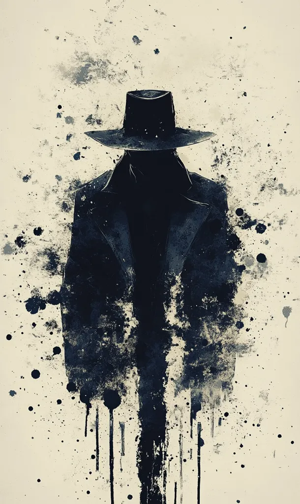 Here's a description of the image:

The artwork depicts a shadowy figure, cloaked in a dark coat and wide-brimmed hat, standing against a cream-colored background.  The figure is rendered in dark, indistinct brushstrokes, giving it an anonymous, mysterious quality.  The background features splatters and streaks of dark paint, creating a textured and somewhat chaotic feel, contrasting with the figure's stark simplicity. The overall style suggests a blend of abstract expressionism and illustrative techniques, resulting in a dramatic and enigmatic piece. The dripping paint suggests a sense of movement or decay.