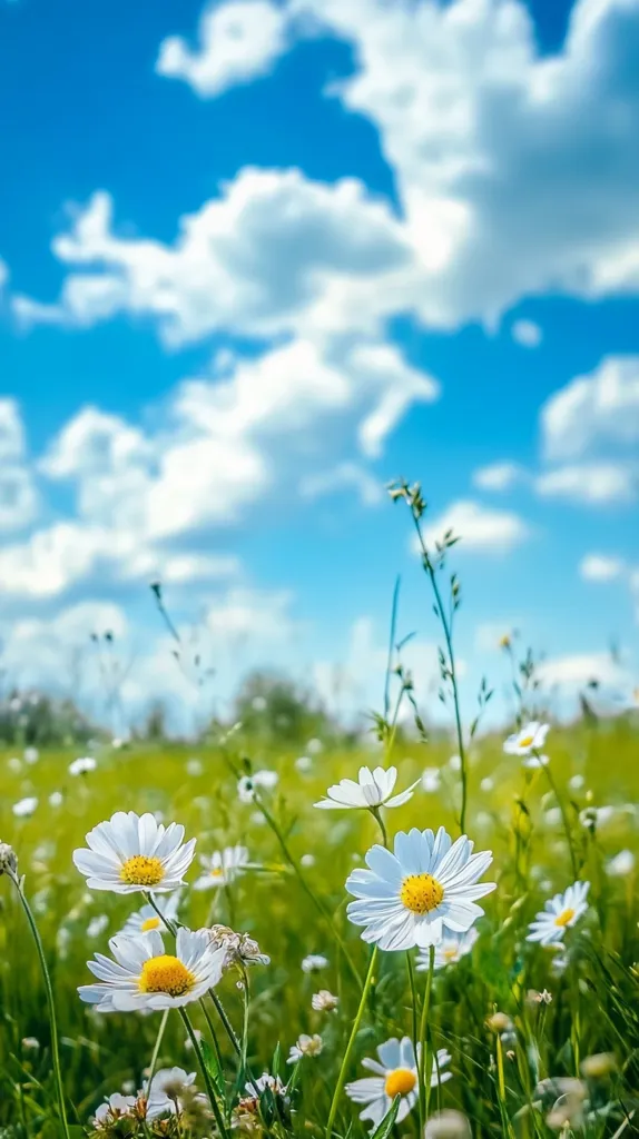 A vibrant field of daisies stretches towards a bright blue sky dotted with fluffy white clouds.  The daisies, with their bright yellow centers and delicate white petals, are in full bloom, their stems reaching towards the sun. The overall scene evokes a feeling of idyllic springtime serenity and natural beauty. The focus is sharp on the foreground flowers, with the background softly blurred, enhancing the depth of field and cheerful atmosphere.