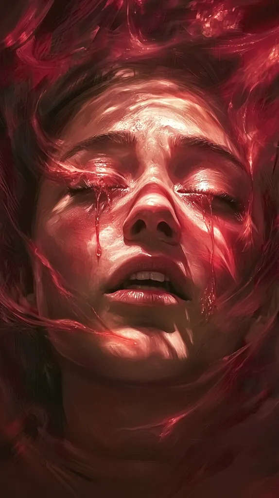 Here's a description of the image:

The artwork depicts a close-up of a woman's face, seemingly submerged or enveloped in a flowing, crimson substance that resembles blood or liquid. Her eyes are closed, and thick, red streams are flowing down her cheeks, mimicking tears. The overall color palette is dark red, creating a dramatic and intense mood.  The style is painterly, with visible brushstrokes contributing to the image’s ethereal and slightly unsettling quality. The woman's expression is one of sorrow or anguish, further emphasized by the vibrant red tones engulfing her.