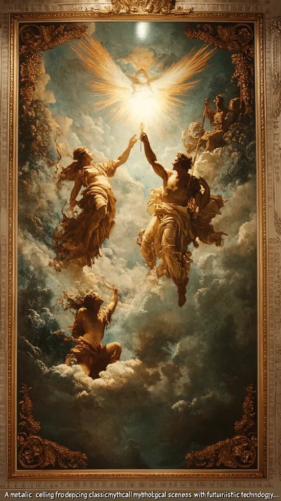 Here's a description of the image:

The image shows a large, ornate painting within a gilded frame.  The painting depicts a classical mythological scene set amongst clouds. Two central figures, possibly gods or goddesses, reach towards a radiant, winged being emitting bright light.  Other figures are present in the clouds, some appearing to attend or observe the central action. The style is dramatic and utilizes rich, golden hues with deep shadows to create a sense of celestial grandeur. The overall effect is both classical and somewhat futuristic in its depiction of light and energy.