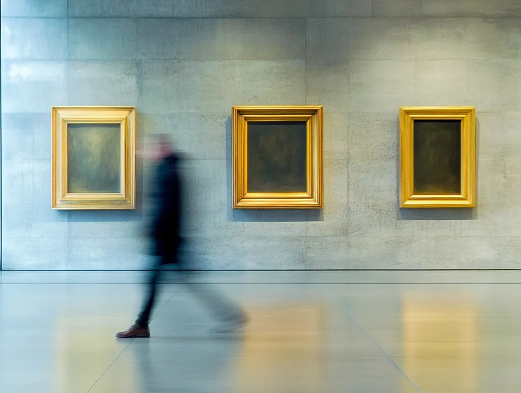A blurred figure walks past three identically framed paintings in a minimalist gallery.  The paintings are dark, their details obscured, hung on a light grey concrete wall. The floor is polished concrete, reflecting the light and the motion of the person.  The overall impression is one of calm contemplation and the passage of time within a modern art space.