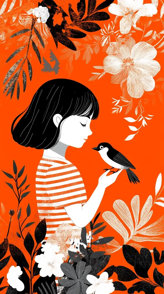 Here's a description of the image:

The illustration showcases a young girl with short, dark hair, dressed in a horizontally striped shirt. She gently cradles a small bird in her hands, her expression serene and peaceful.  The vibrant orange background is densely filled with stylized black and white flora, including large blossoms, leaves, and smaller floral details, creating a textured, almost patterned effect. The contrast between the girl's soft features and the bold, graphic style of the background elements is striking.  The overall mood is one of gentle connection with nature.
