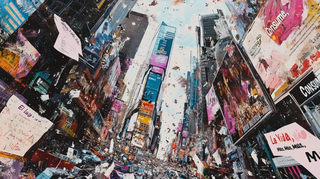 Here's a description of the image in under 100 words:

The image is a vibrant, chaotic depiction of Times Square, New York City, viewed from a low angle looking upwards.  Brightly colored billboards and advertisements dominate the scene, interspersed with confetti and torn posters that litter the street.  The towering buildings create a sense of verticality and density, while the street below is a bustling mass of vehicles and people. The overall style is expressive and somewhat abstract, with a collage-like effect.  The word "CONSUME" appears prominently on several posters.