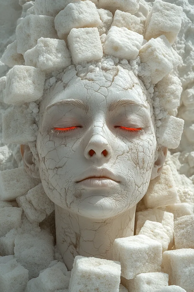 Here's a description of the image:

The image showcases a striking close-up of a face, meticulously crafted with white makeup to mimic the appearance of cracked, parched skin.  Eyes are accentuated with bright orange eyeliner. This face is almost completely submerged in, and seemingly formed from, a mass of white sugar cubes.  The sugar forms a crown-like headdress and surrounds the entire head and neck, creating a powerful visual metaphor possibly relating to the detrimental effects of excessive sugar consumption. The overall effect is surreal and somewhat unsettling, highlighting the texture contrast between the smooth cubes and the rough, cracked skin.