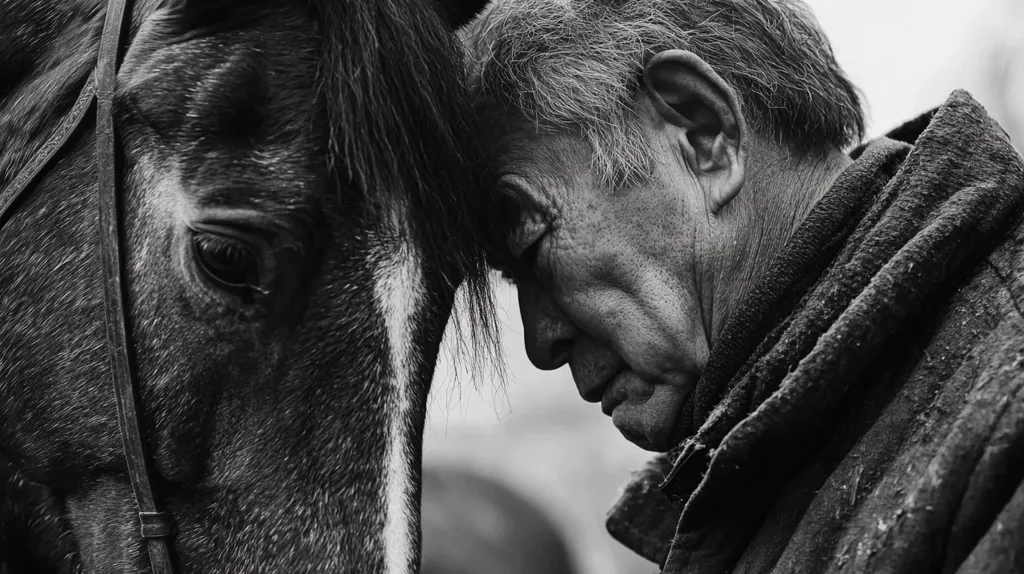 A black and white close-up captures an elderly man with weathered features, his forehead gently resting against a horse's.  The man's face shows lines etched by time and experience, reflecting a quiet contemplation. The horse's dark coat and soft eye suggest a deep bond between the two. The image conveys a sense of shared history, companionship, and perhaps even grief, emphasizing a powerful connection between human and animal. The overall tone is melancholic and intimate.