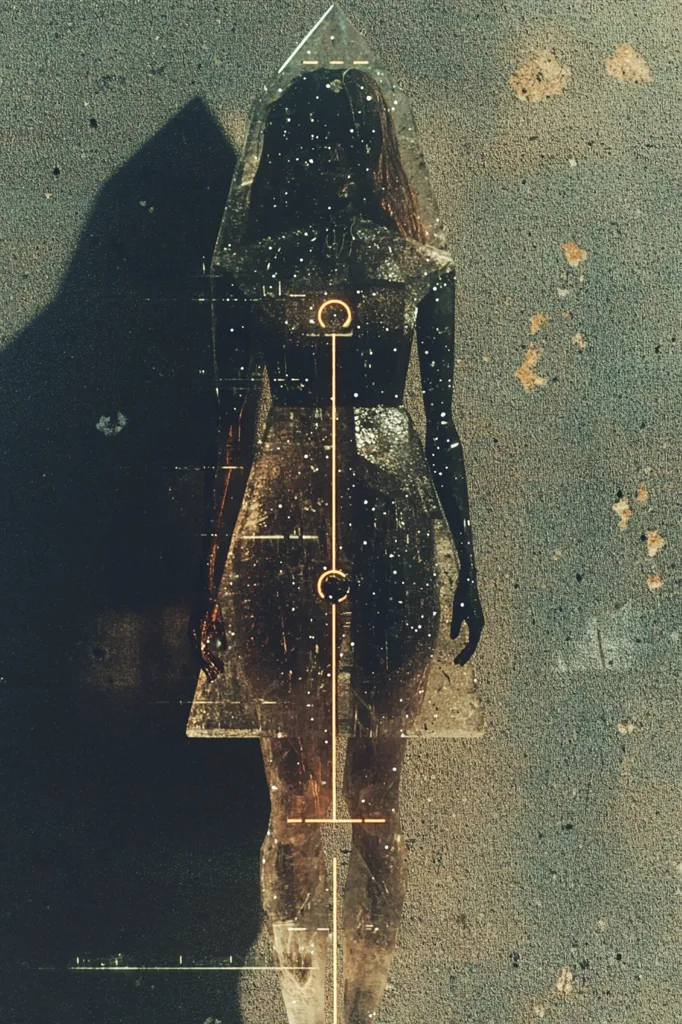 The image presents a stylized depiction of a woman viewed from behind. She appears translucent, overlaid on a textured, dark greenish-grey background reminiscent of aged asphalt. A geometric, luminous overlay suggests a targeting system or a scan, with a vertical line bisecting her body and circular markers at the shoulders and knees.  The overall mood is mysterious and slightly unsettling, combining elements of technology and the human form. The woman’s shadow is cast to the left, adding depth and visual interest to the composition.