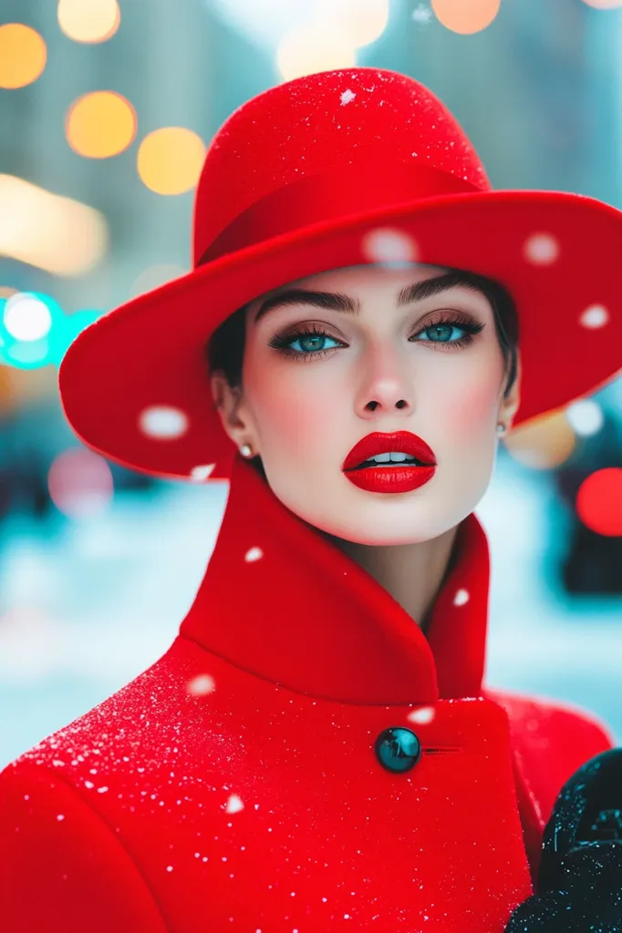 A woman with striking green eyes and bold red lipstick is the focus of this image.  She's elegantly dressed in a vibrant red coat and matching wide-brimmed hat, which is dusted with snow. The background is blurred, showcasing out-of-focus city lights, creating a dreamy, romantic ambiance. The overall effect is one of sophisticated style and winter charm.