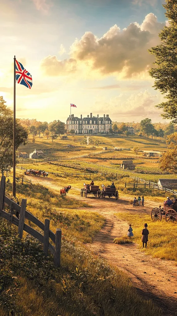 Here's a description of the image:

A picturesque rural scene unfolds, bathed in the warm glow of a setting sun. A grand, white colonial-style mansion sits prominently in the background, its architecture hinting at a wealthy landowner's estate.  Several horse-drawn carriages travel along a dirt road leading towards the manor,  populated with figures in period clothing. Children play near the road's edge.  The land is cultivated with fields and fenced pastures, and a Union Jack flag flies proudly on a flagpole near the foreground, further suggesting the scene's historical setting.  The overall atmosphere is serene and nostalgic.