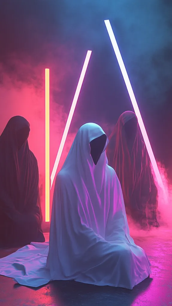 Three cloaked figures are bathed in the vibrant glow of neon lights forming a triangle.  The central figure wears a flowing white robe, while the flanking figures are shrouded in darker, purplish-black garments.  A hazy, pink and blue atmosphere pervades the scene, creating a mysterious and surreal ambiance. The overall aesthetic is dark, moody, and evocative of science fiction or fantasy.